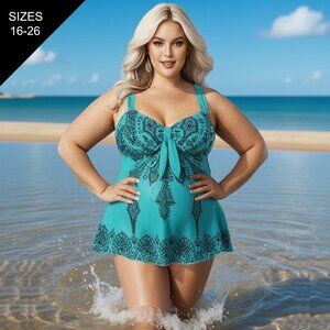 Plus Teal Green Paisley Print 2Pc Swimdress Set Wide Strap Womens 16-26 Swimwear